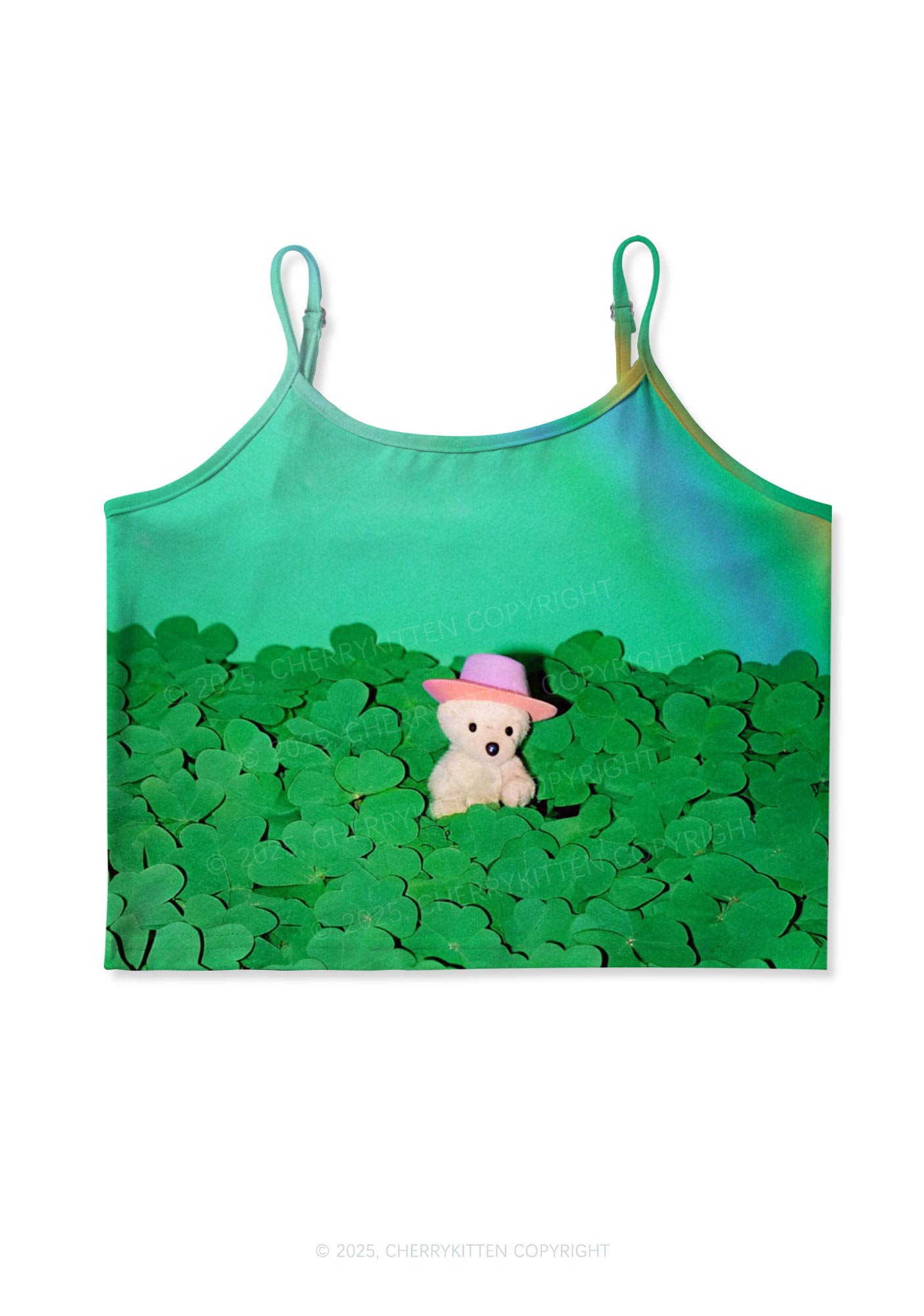 Clover Bear St Patricks Y2K Print Cami Crop Top Cherrykitten