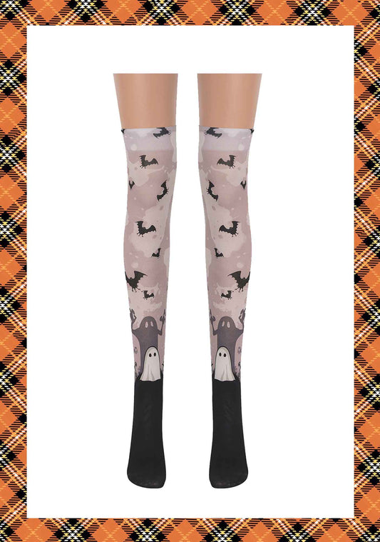 Halloween Y2K Black Bat Ghost Print Stockings