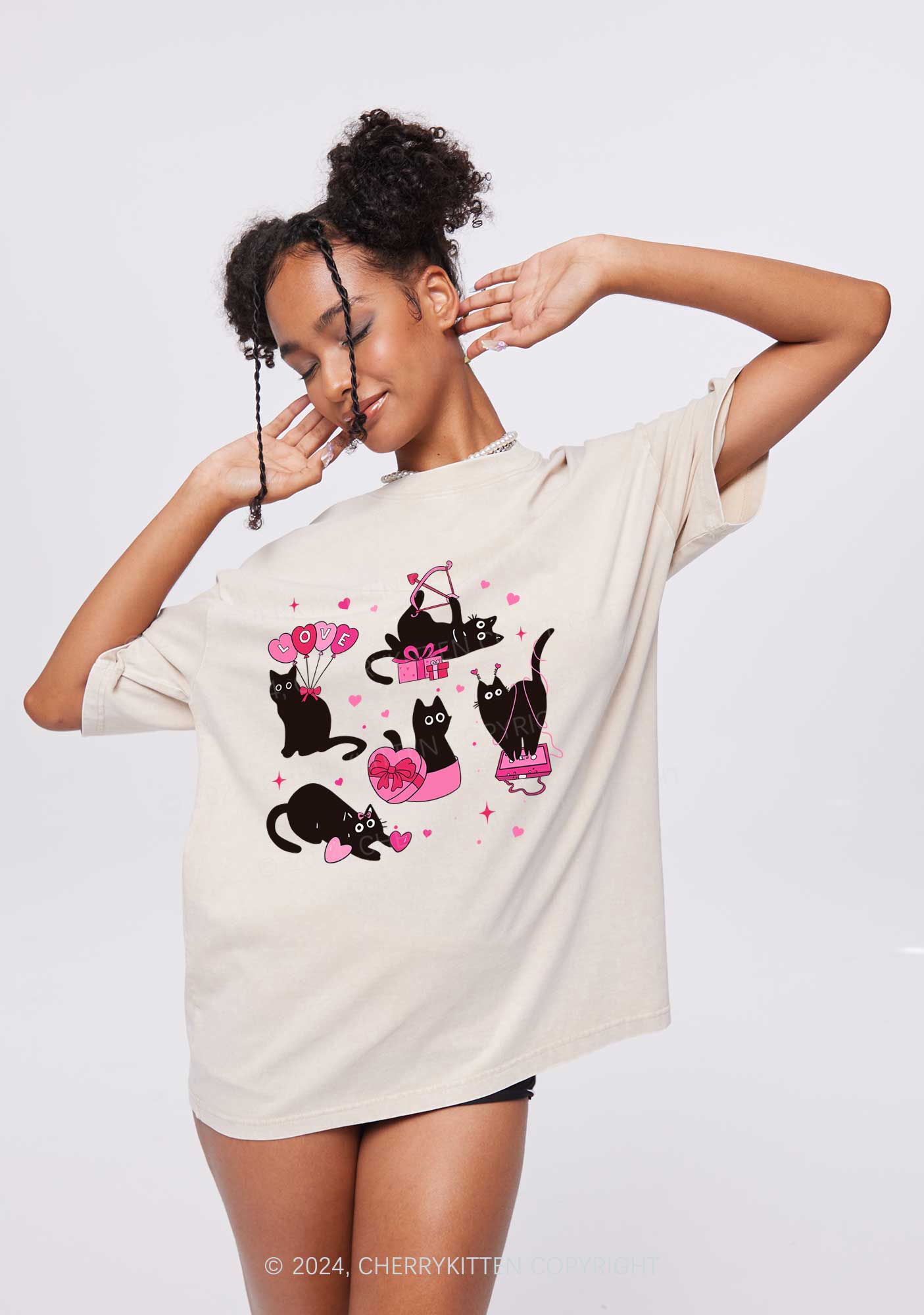 Black Kitten Y2K Valentine's Day Washed Tee Cherrykitten