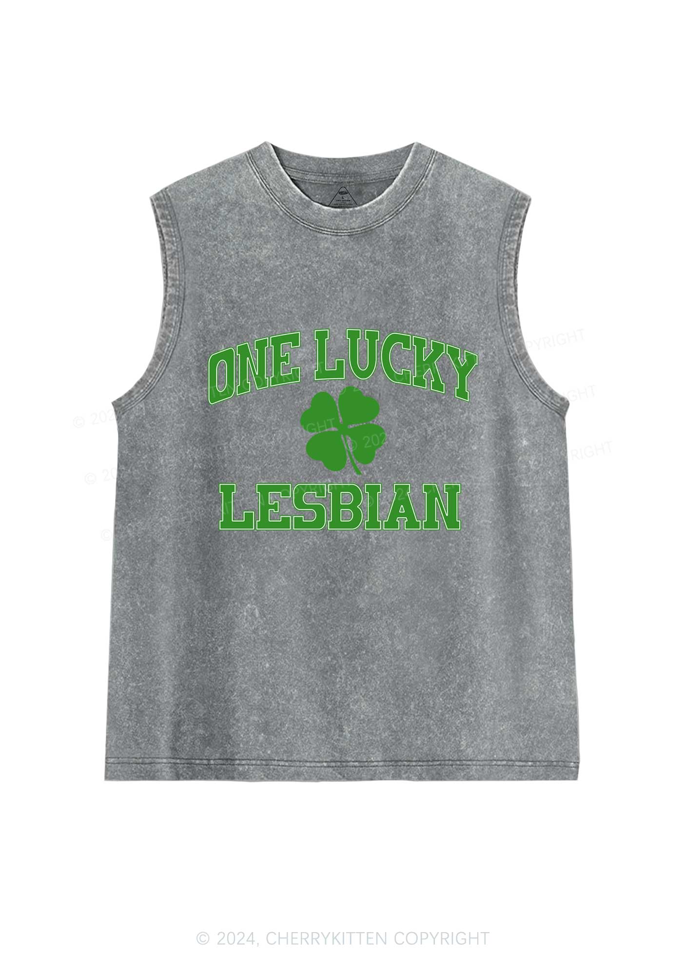 One Lucky Lesbian St Patricks Y2K Washed Tank Cherrykitten