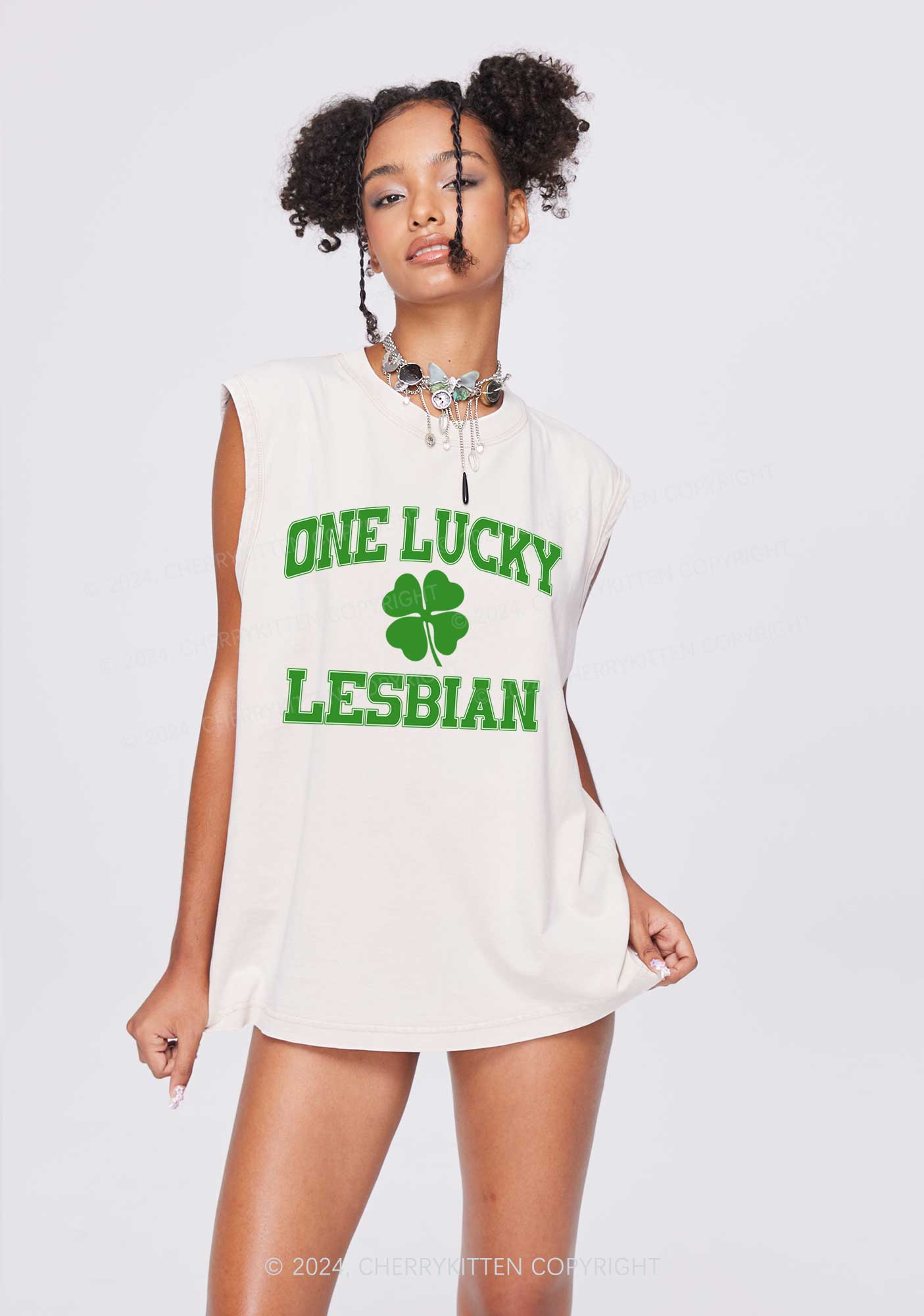 One Lucky Lesbian St Patricks Y2K Washed Tank Cherrykitten