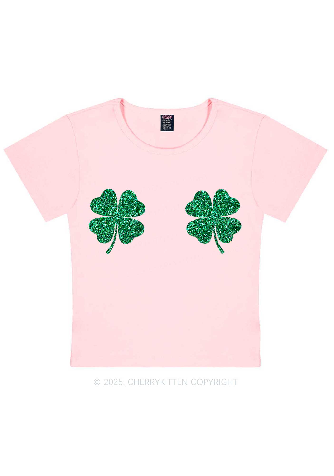 Glitter Four Leaf Clover St Patricks Y2K Baby Tee Cherrykitten