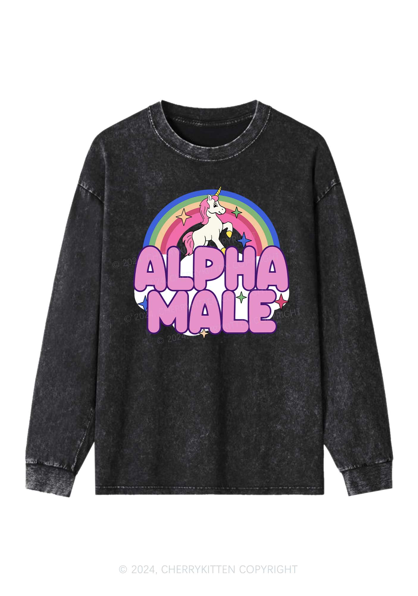 Rainbow Unicorn Alpha Male Y2K Washed Long Sleeves Cherrykitten