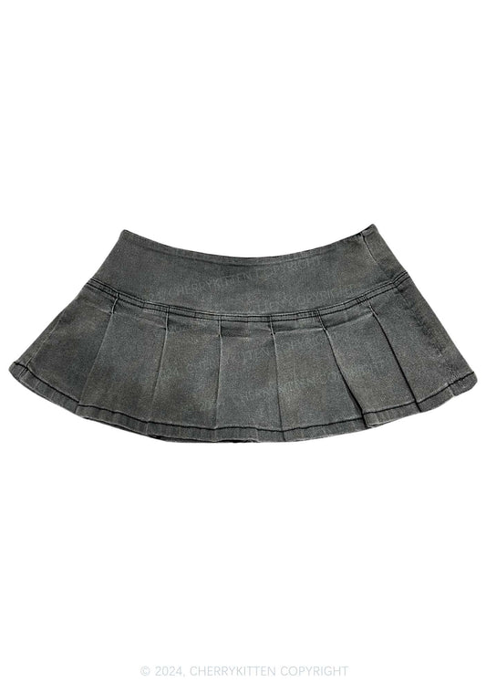 Grey Denim Pleated Y2K Mini Skirt Cherrykitten