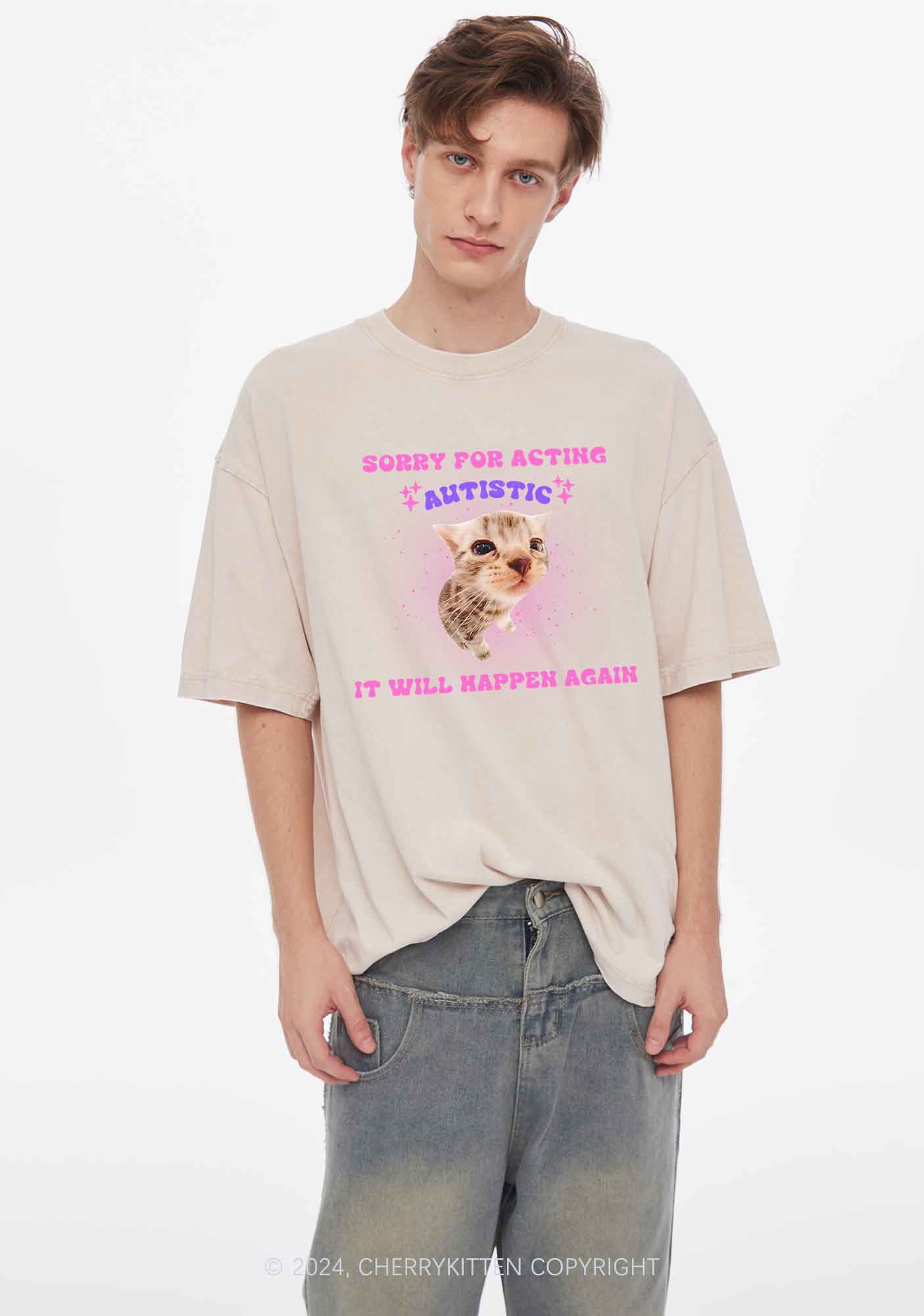 Sorry For Acting Autistic Cat Y2K Washed Tee Cherrykitten