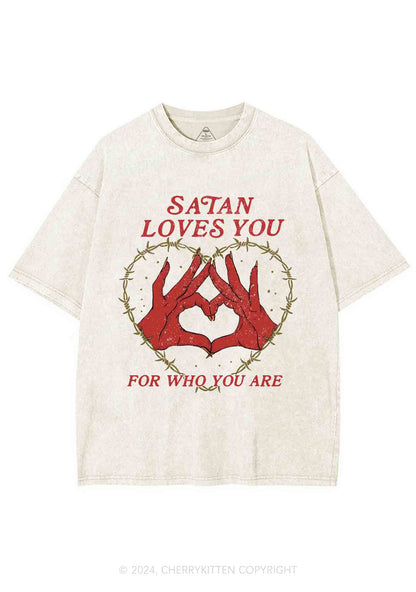 Satan Loves You Heart Halloween Y2K Washed Tee Cherrykitten