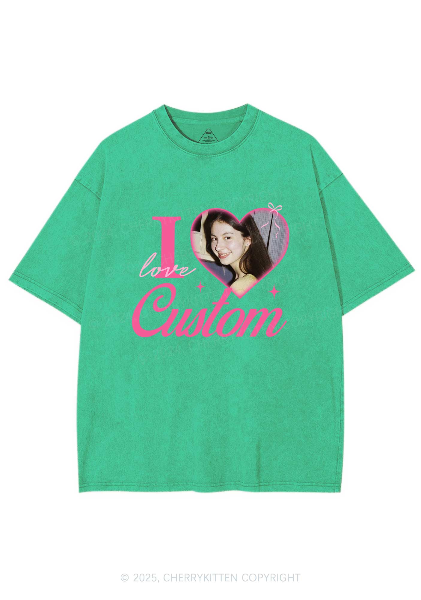 I Love Custom Photo Y2K Valentine's Day Washed Tee Cherrykitten