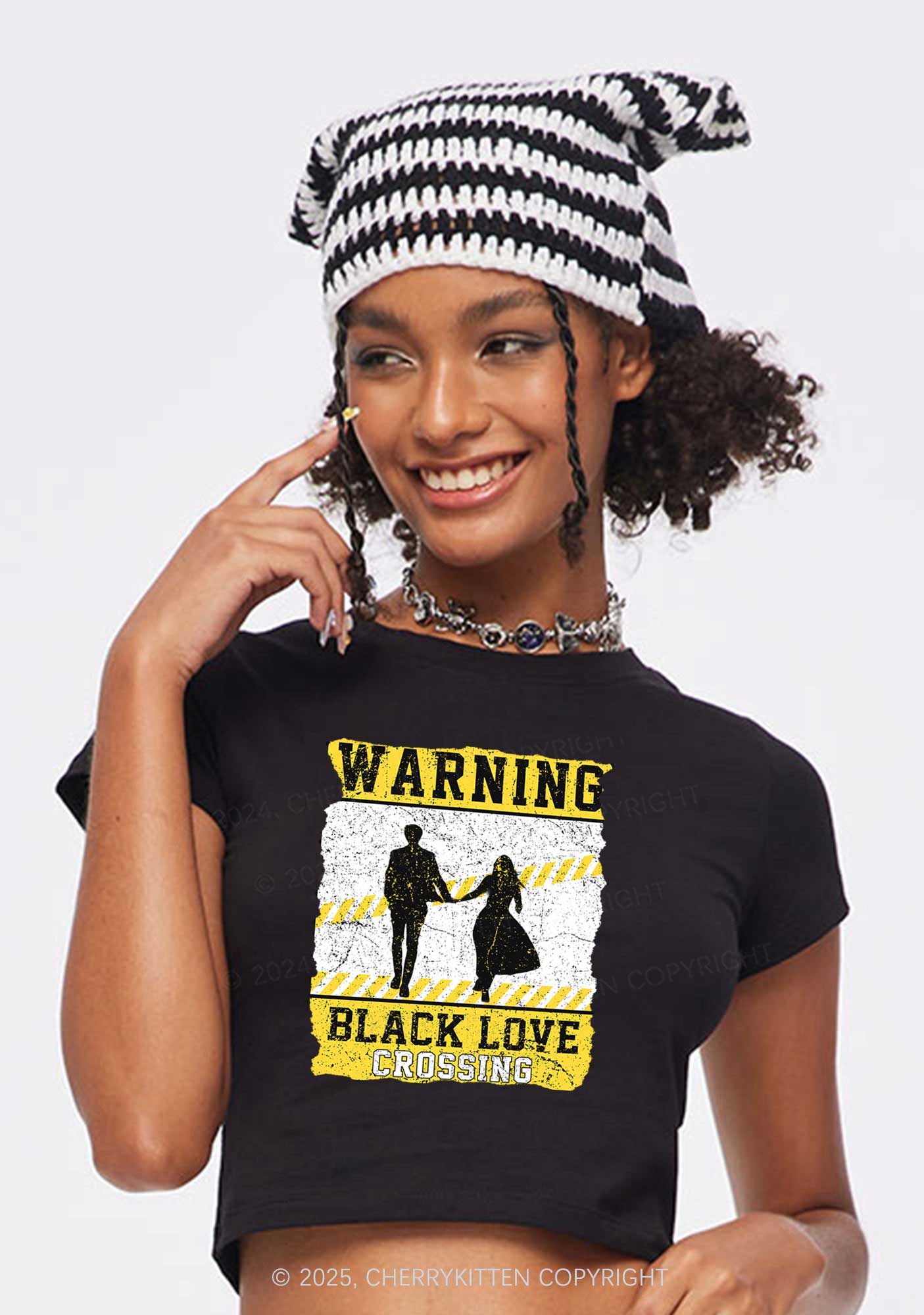 Warning Black Love Crossing Y2K Baby Tee Cherrykitten