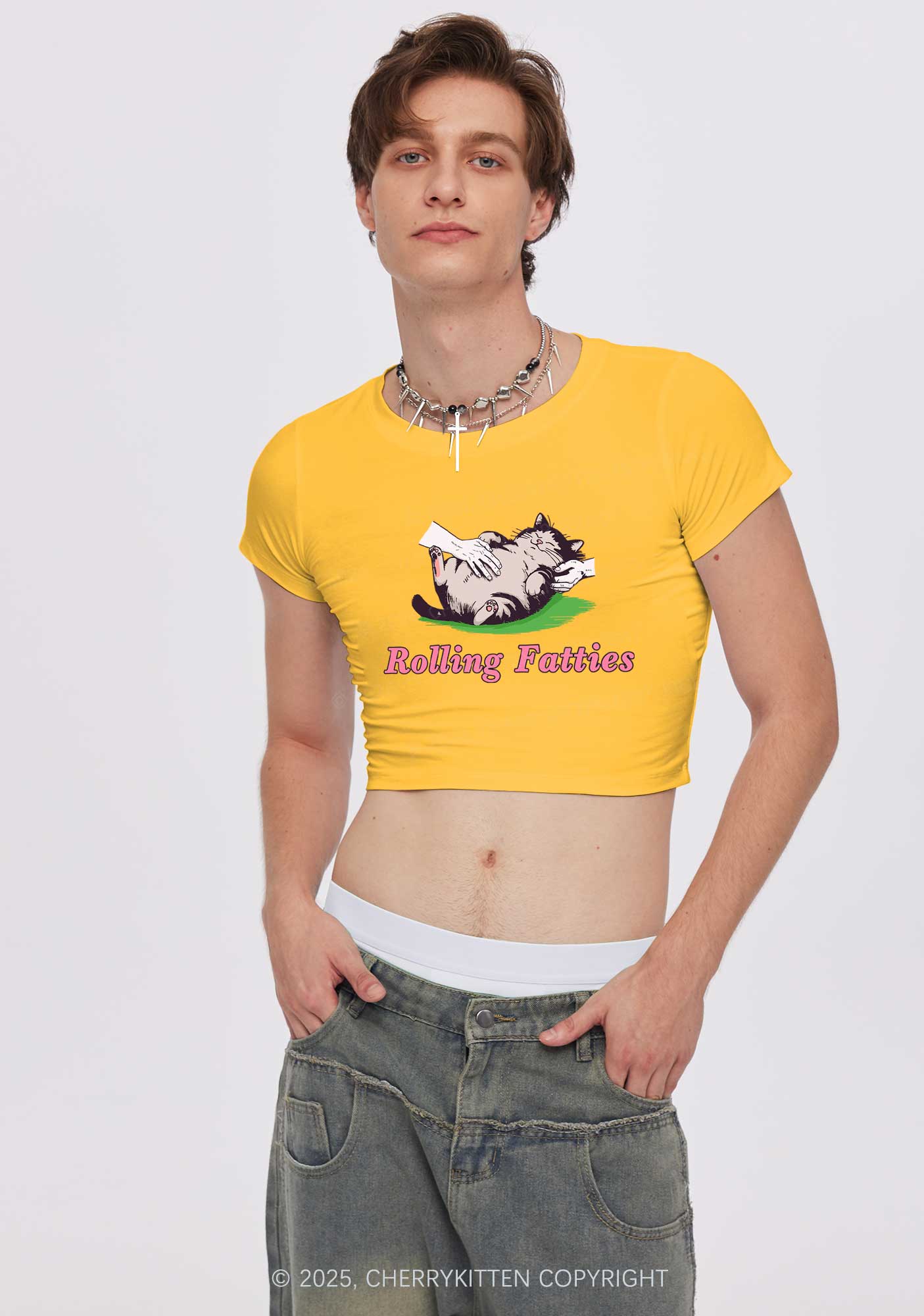 Rolling Fatties Cat Y2K Baby Tee Cherrykitten