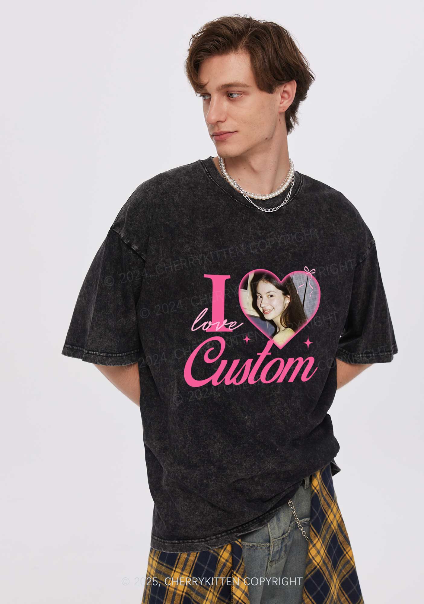 I Love Custom Photo Y2K Valentine's Day Washed Tee Cherrykitten