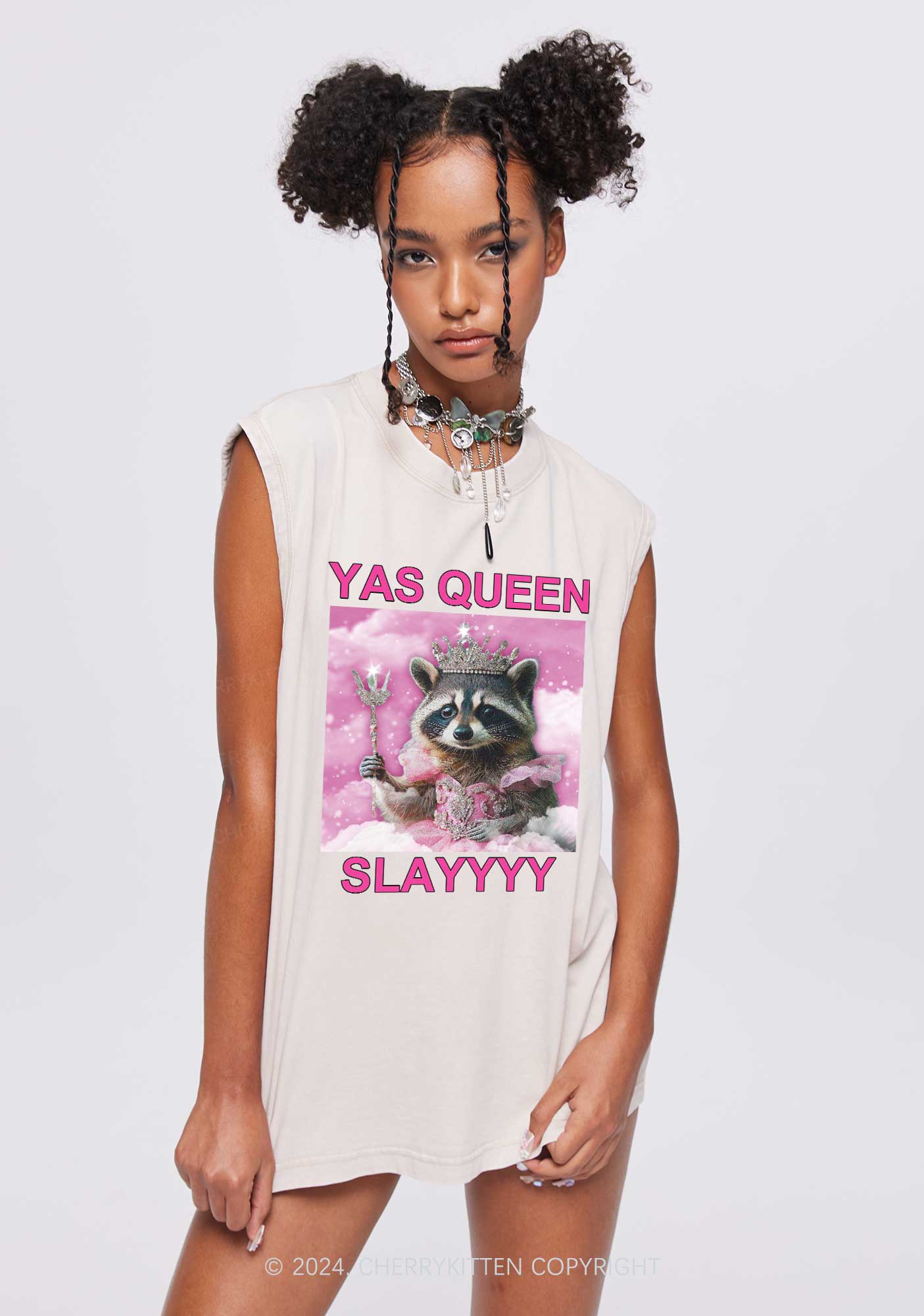 Yas Queen Slay Raccoon Y2K Washed Tank Cherrykitten