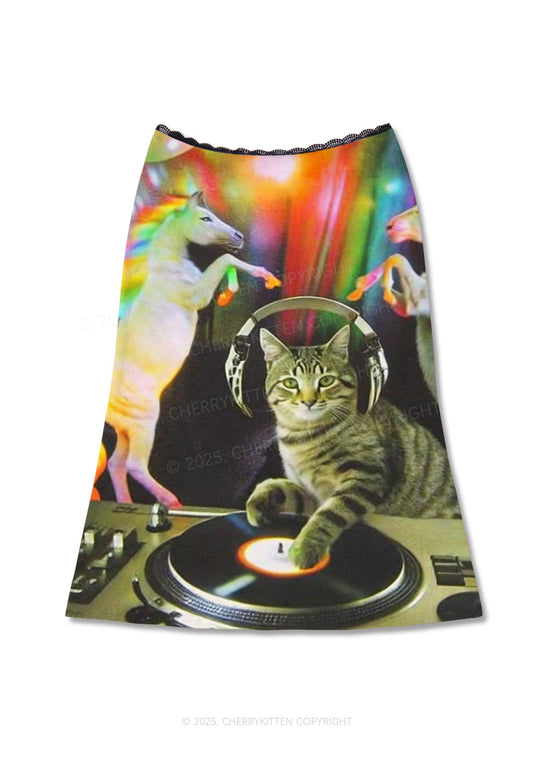 DJ Cat Unicorn Y2K Print Midi Skirt Cherrykitten