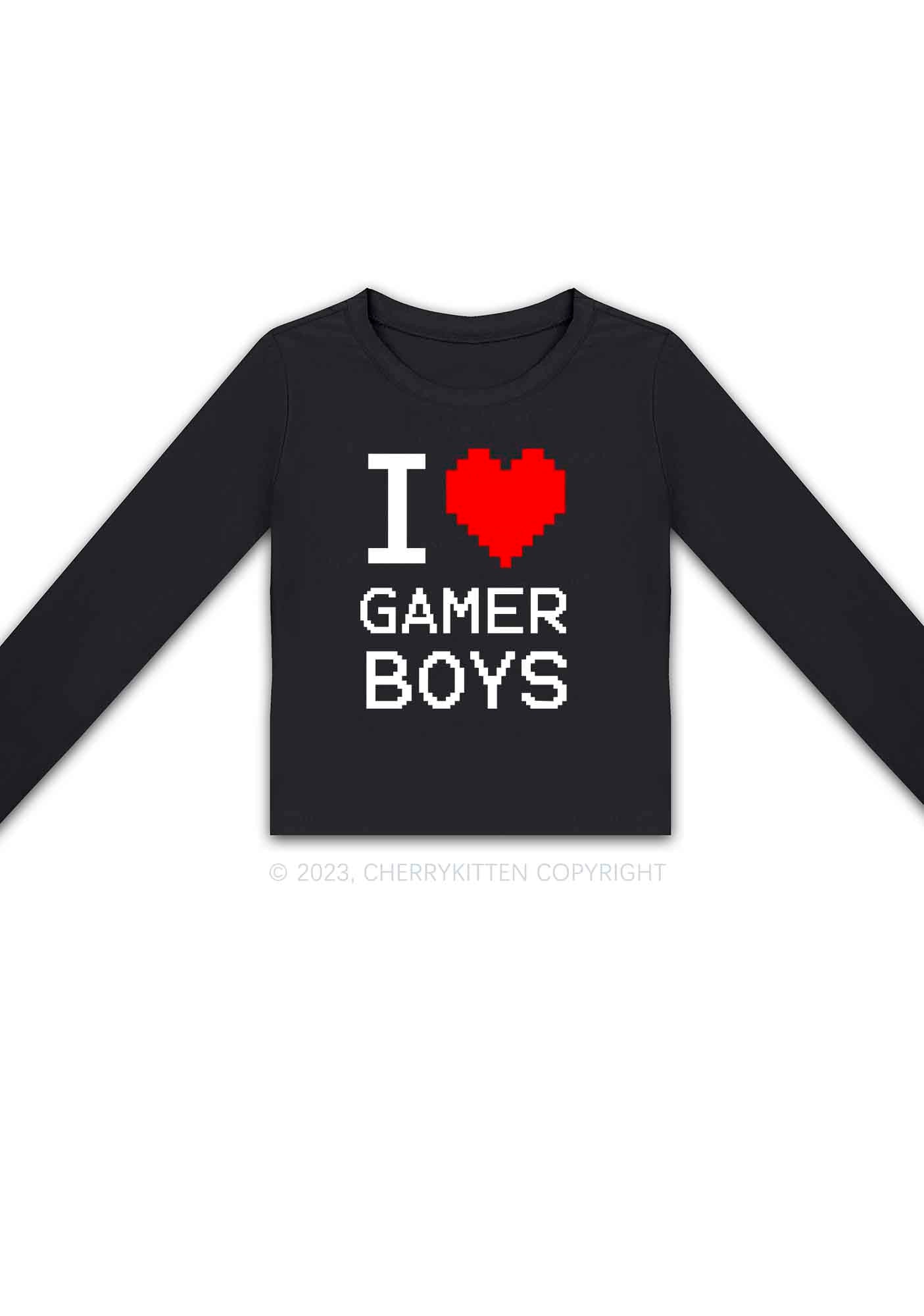 I Love Gamer Boys Y2K Long Sleeve Crop Top Cherrykitten