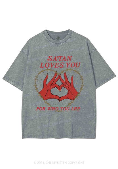 Satan Loves You Heart Halloween Y2K Washed Tee Cherrykitten