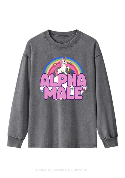 Rainbow Unicorn Alpha Male Y2K Washed Long Sleeves Cherrykitten