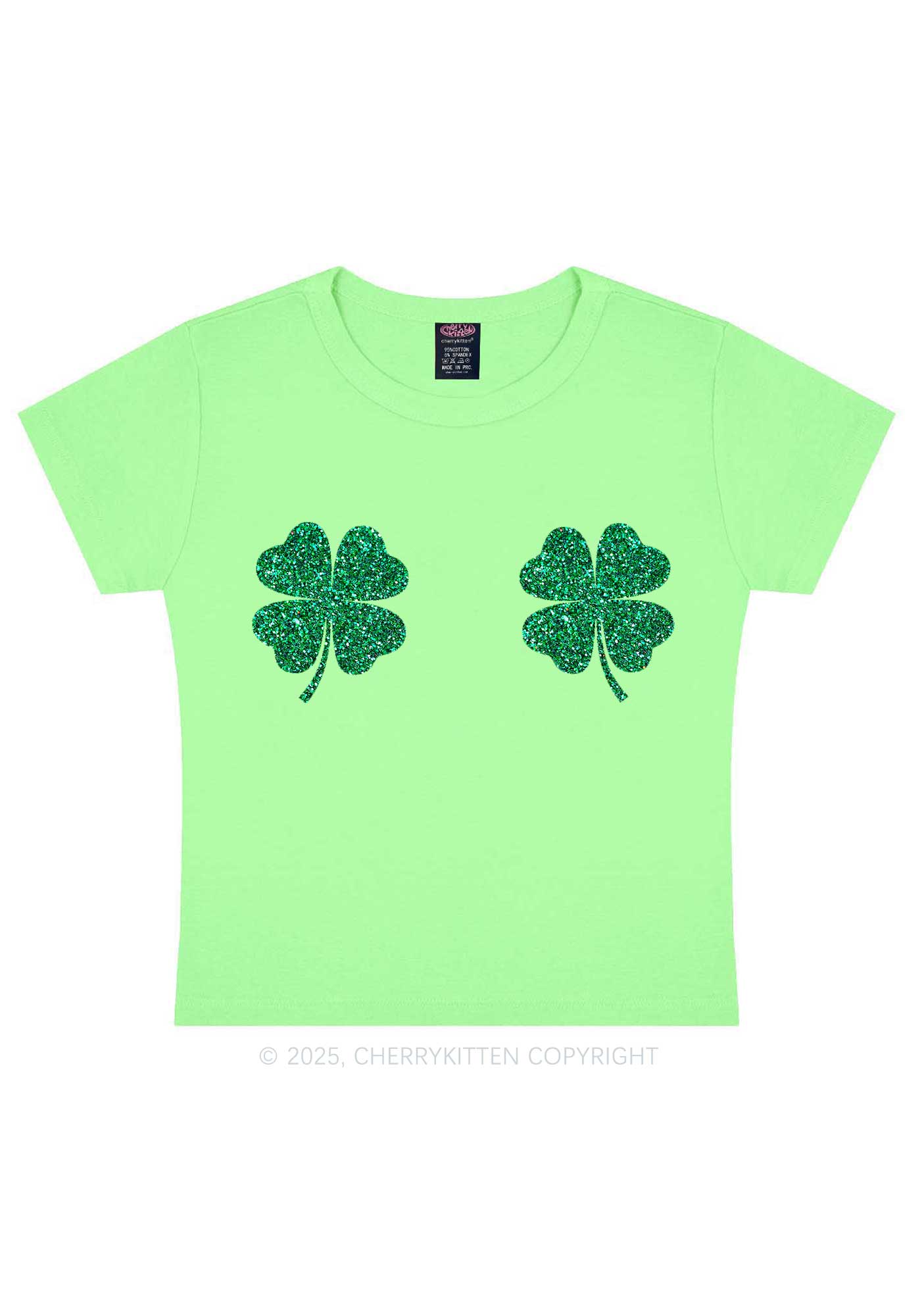 Glitter Four Leaf Clover St Patricks Y2K Baby Tee Cherrykitten