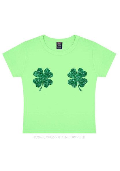 Glitter Four Leaf Clover St Patricks Y2K Baby Tee Cherrykitten