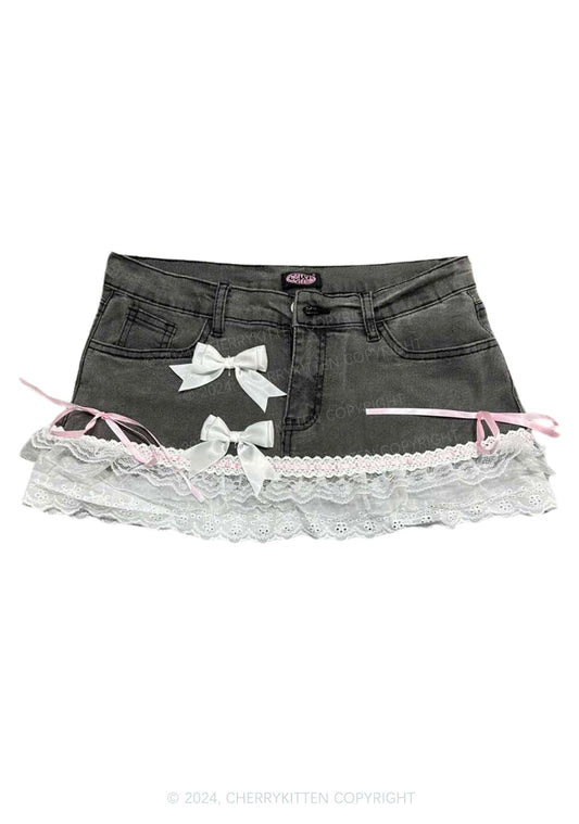 Denim Lace Splicing Y2K Mini Skirt Cherrykitten