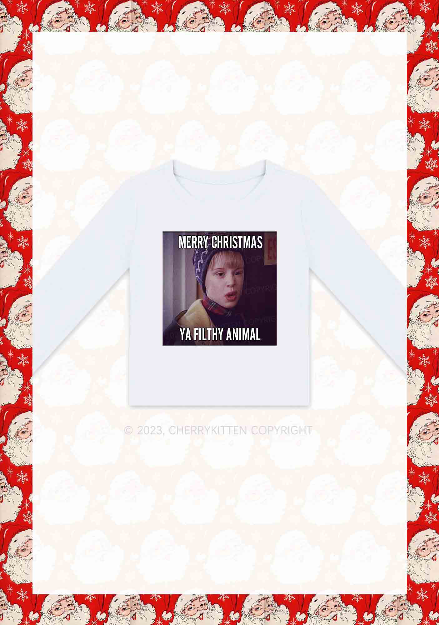 Merry Christmas Ya Filthy Animal Y2K Long Sleeve Crop Top Cherrykitten