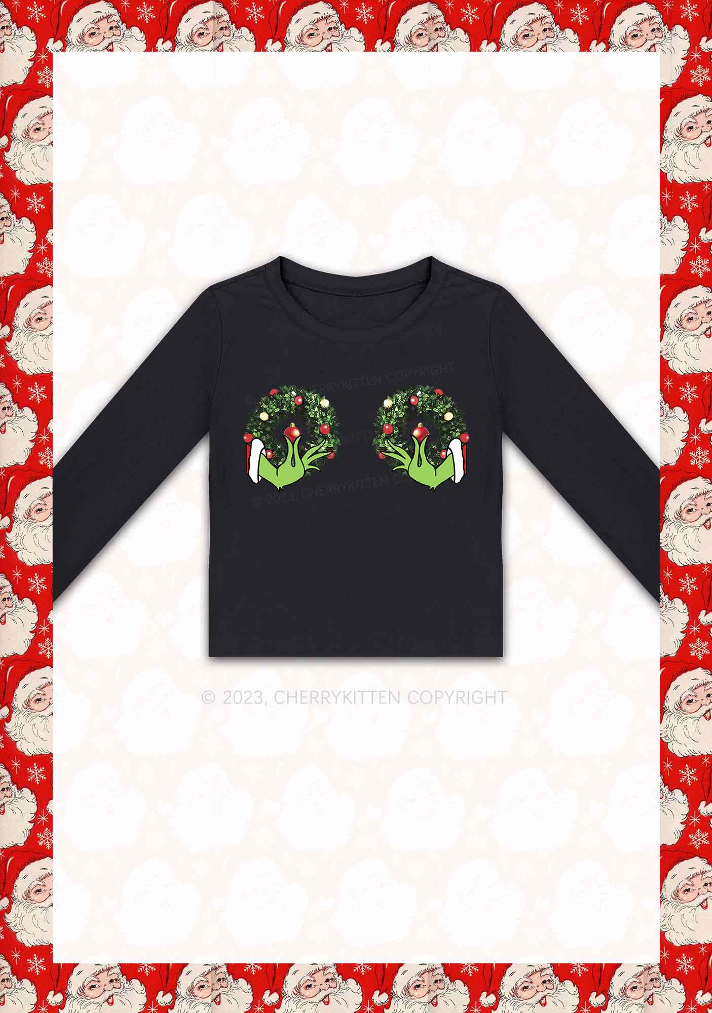 Christmas Wreath Y2K Long Sleeve Crop Top Cherrykitten