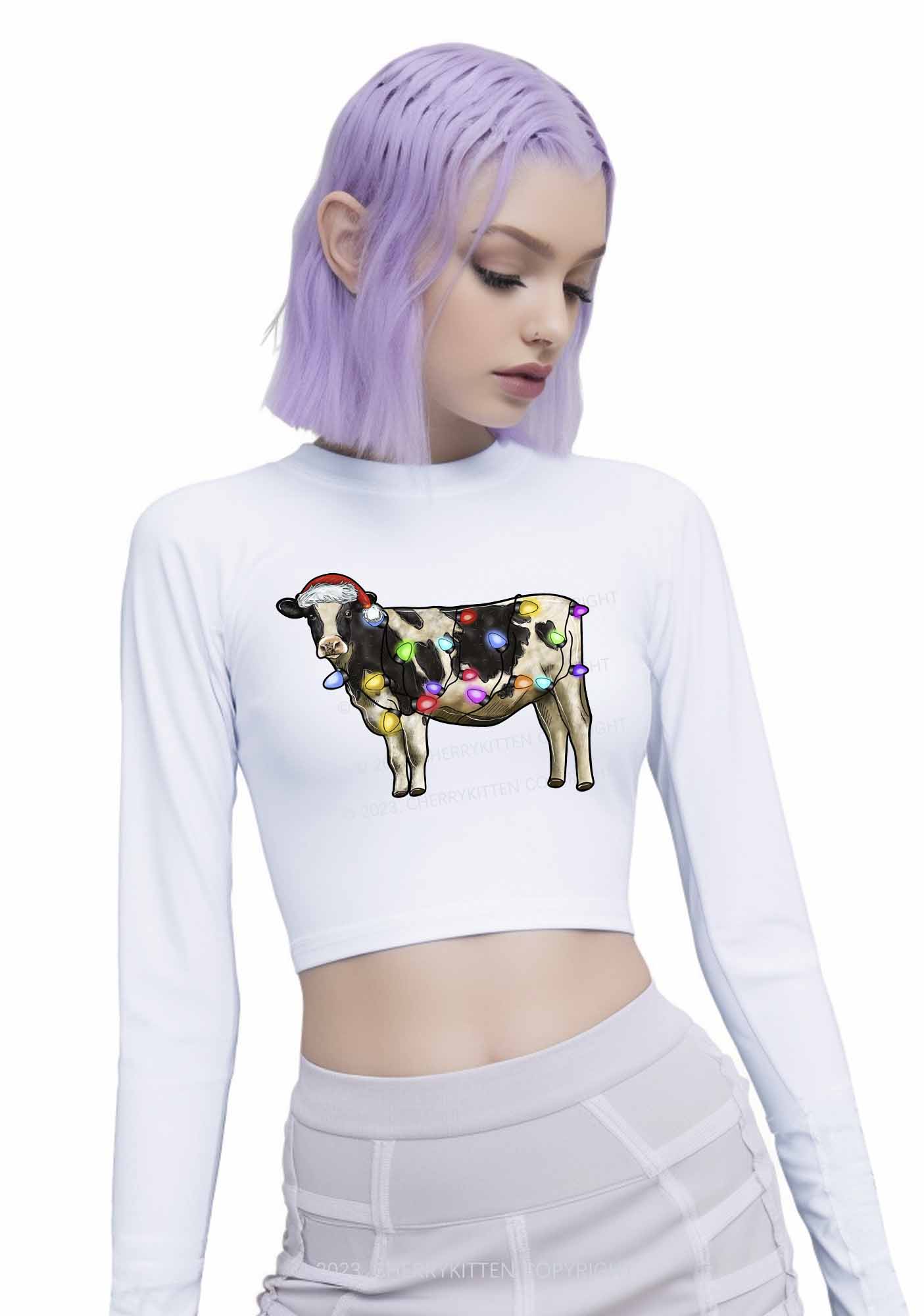 Christmas Cow Y2K Long Sleeve Crop Top Cherrykitten