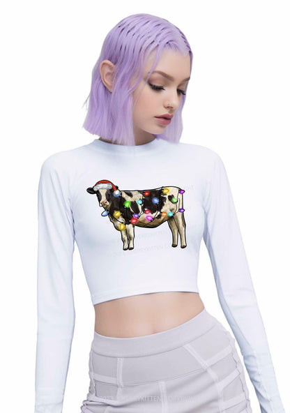 Christmas Cow Y2K Long Sleeve Crop Top Cherrykitten