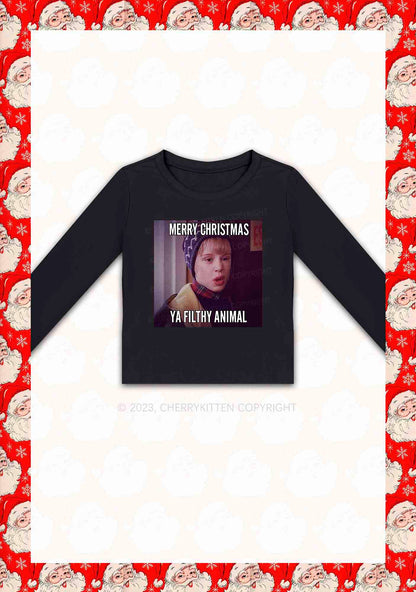 Merry Christmas Ya Filthy Animal Y2K Long Sleeve Crop Top Cherrykitten