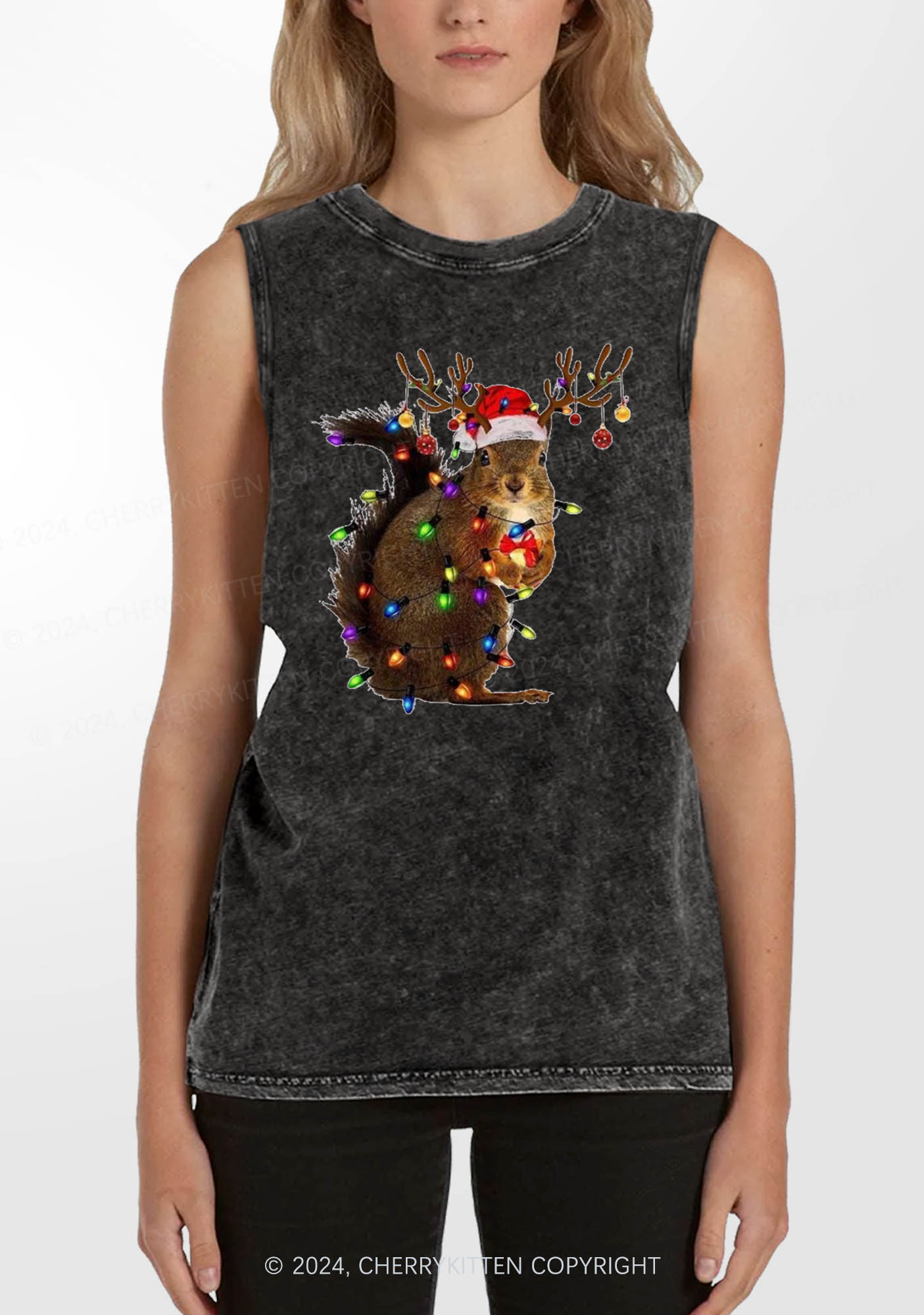 Christmas Squirrel Lights Y2K Washed Tank Cherrykitten