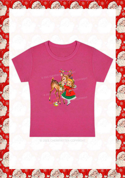 Christmas Girl and Reindeer Y2K Baby Tee Cherrykitten