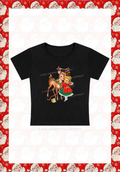 Christmas Girl and Reindeer Y2K Baby Tee Cherrykitten