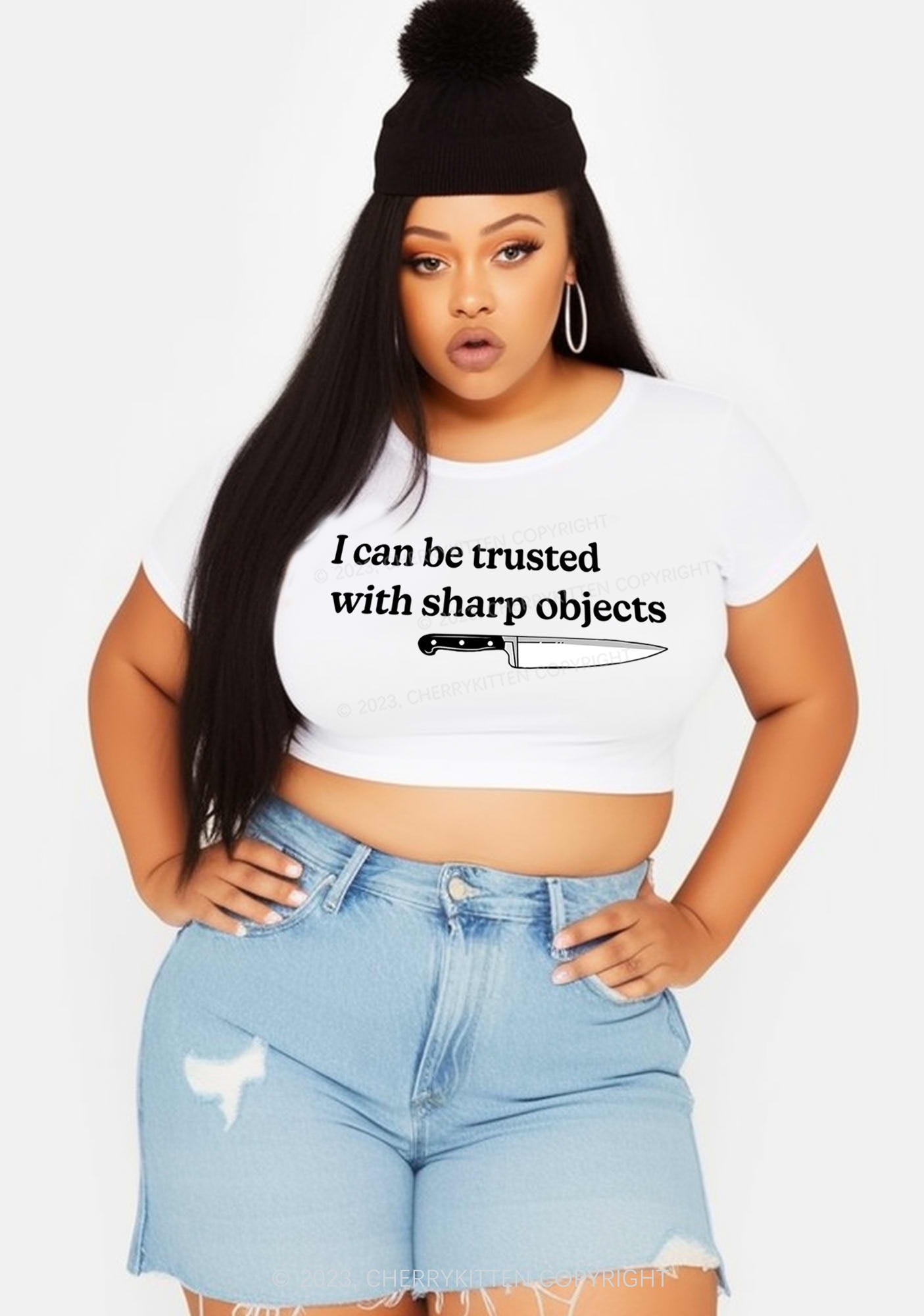 Curvy I Can Be Trusted With Sharp Objects Y2K Baby Tee Cherrykitten