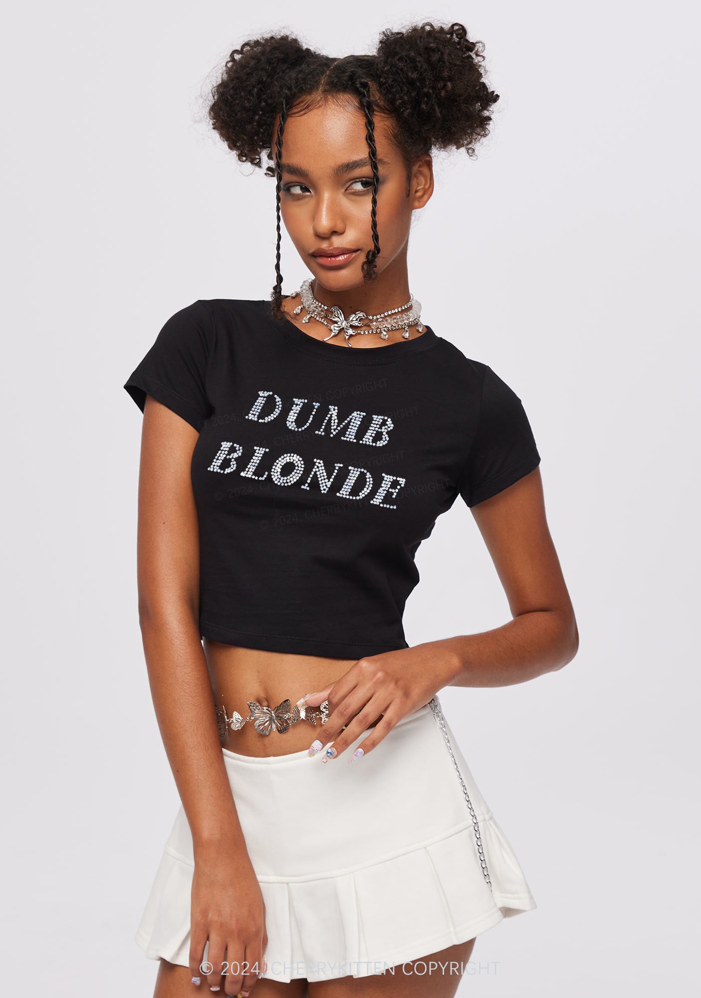 Rhinestone Dumb Blonde Y2K Baby Tee Cherrykitten