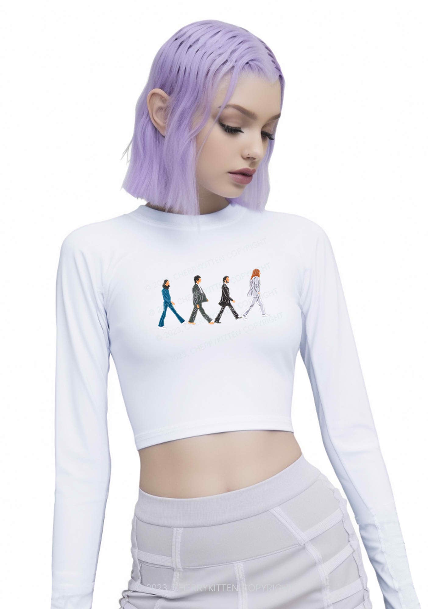 Walking Men Y2K Long Sleeve Crop Top Cherrykitten