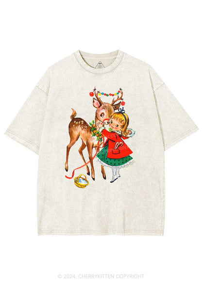 Christmas Girl Reindeer Y2K Washed Tee Cherrykitten