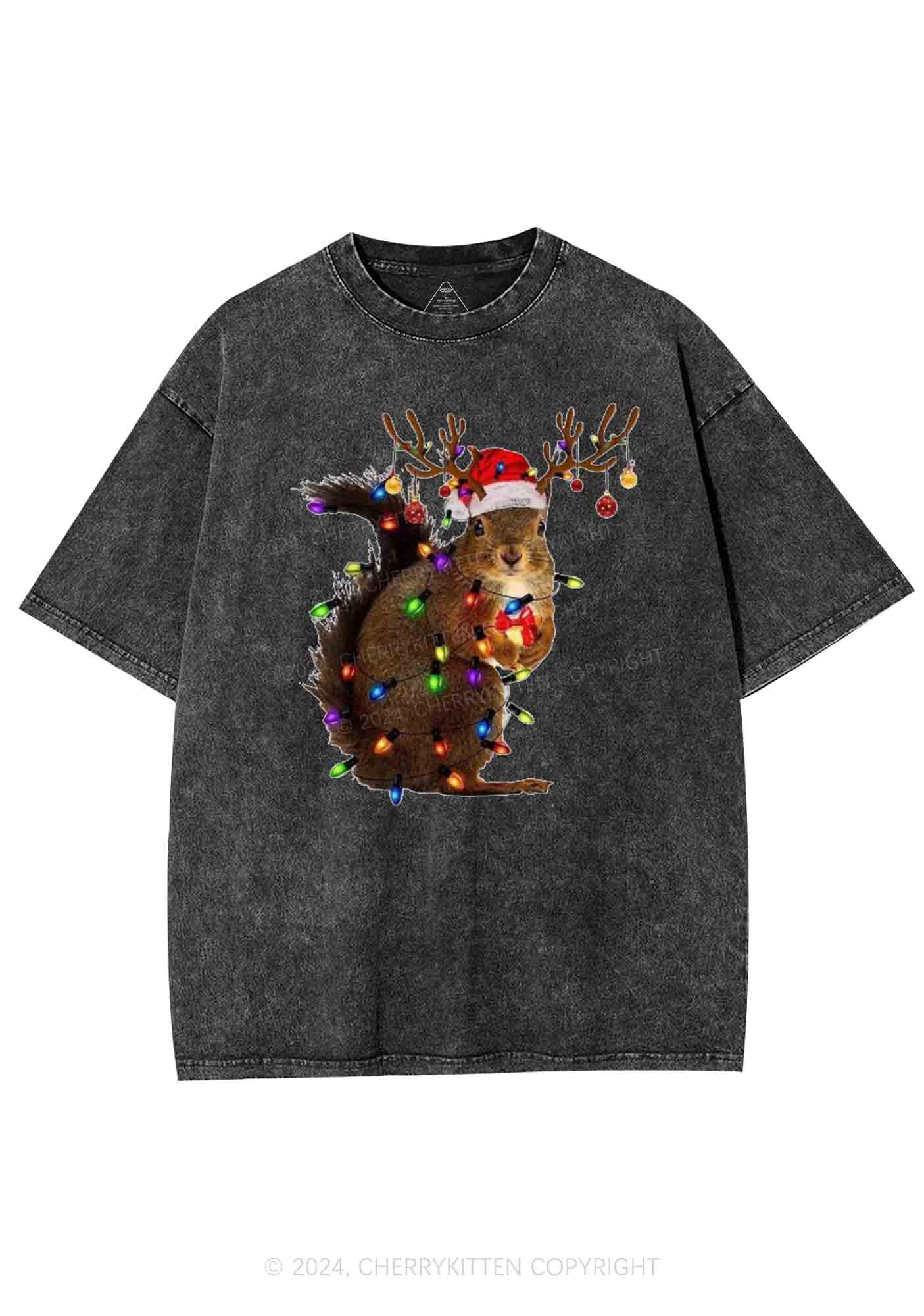 Christmas Squirrel Lights Y2K Washed Tee Cherrykitten