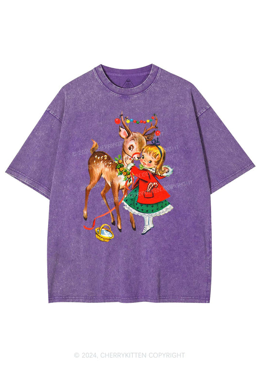 Christmas Girl Reindeer Y2K Washed Tee Cherrykitten