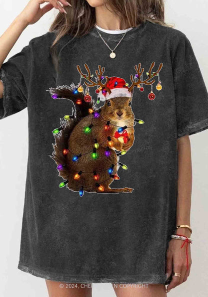 Christmas Squirrel Lights Y2K Washed Tee Cherrykitten